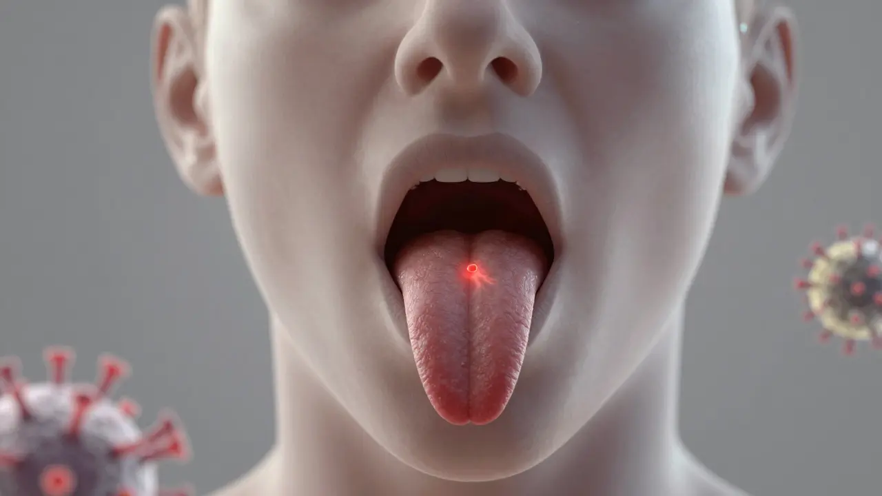 Transparentní ilustrace nádoru v ústní dutině šířícího se do hltanu s viry HPV