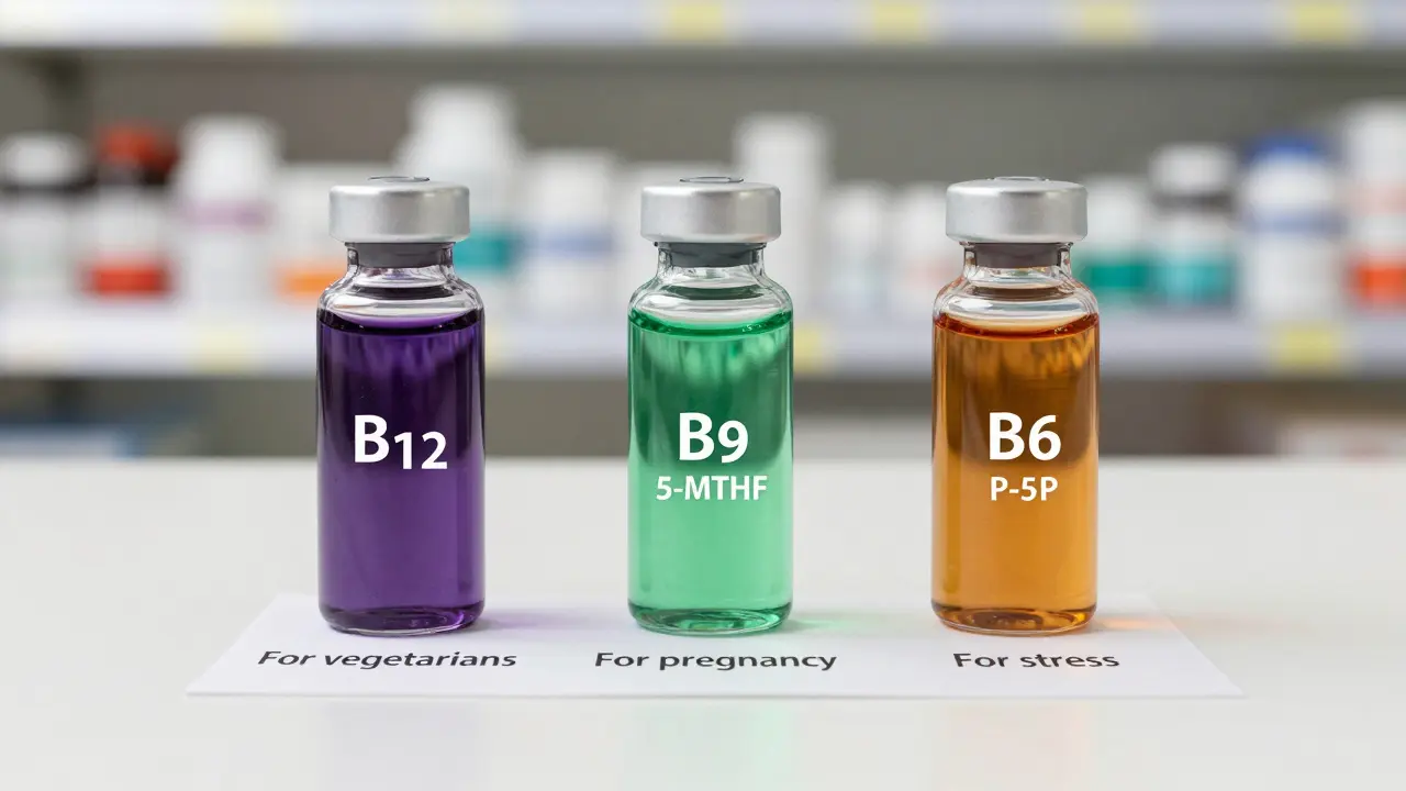 Tři průhledné lahvičky s aktivními formami vitamínů B12, B9 a B6 na osobních poznámkách, na pozadí nejasná lékárna.