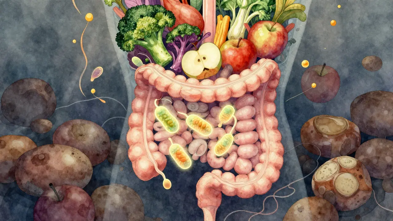Vnitřek střev jako živý ekosystém s bakteriemi a prebiotickými vlákninami zeleniny.