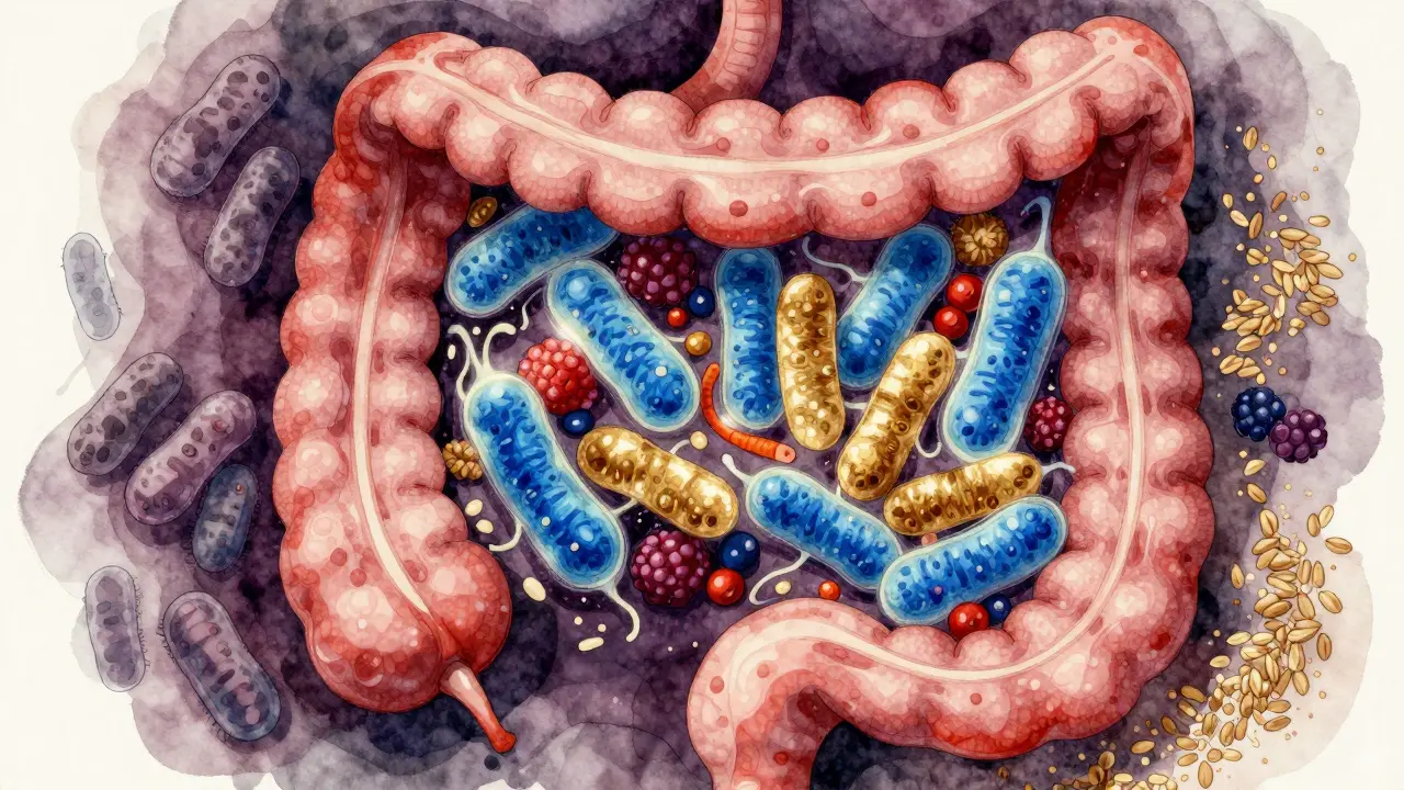 Vnitřek střeva s umírajícími bakteriemi na jedné straně a živými laktobacily na druhé s vlákninou a ovoce.