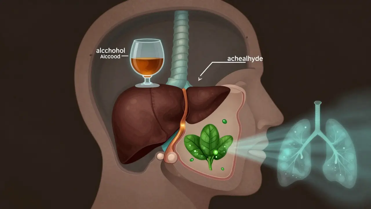 Vnitřní zobrazení metabolismu alkoholu v těle s chlorofylem neutralizujícím pach v plicích a ústech.