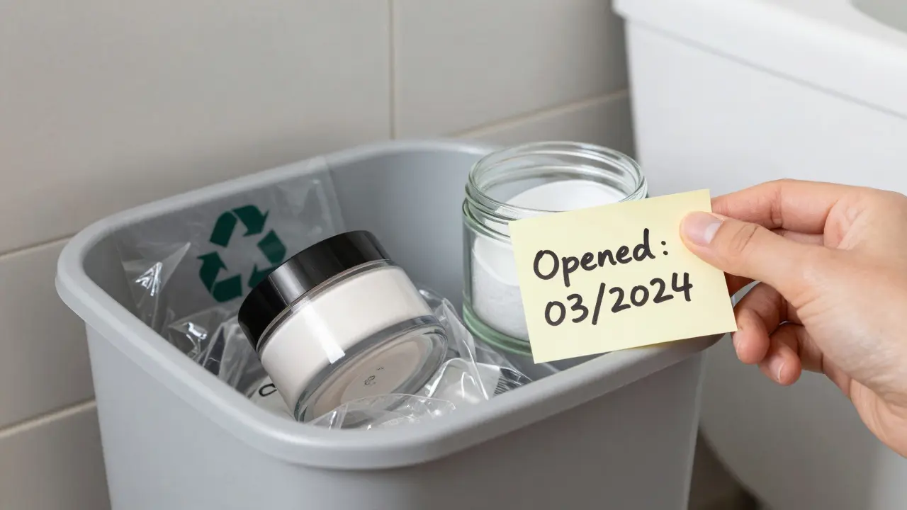 Vyhozený krém v koši, čistá skleněná nádobka a zápis datumu otevření.