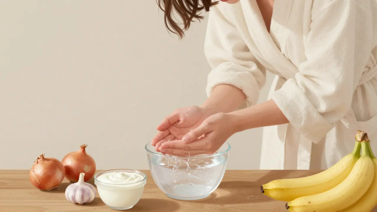 Žena se umývá jen vodou s přirozenými potravinami kolem