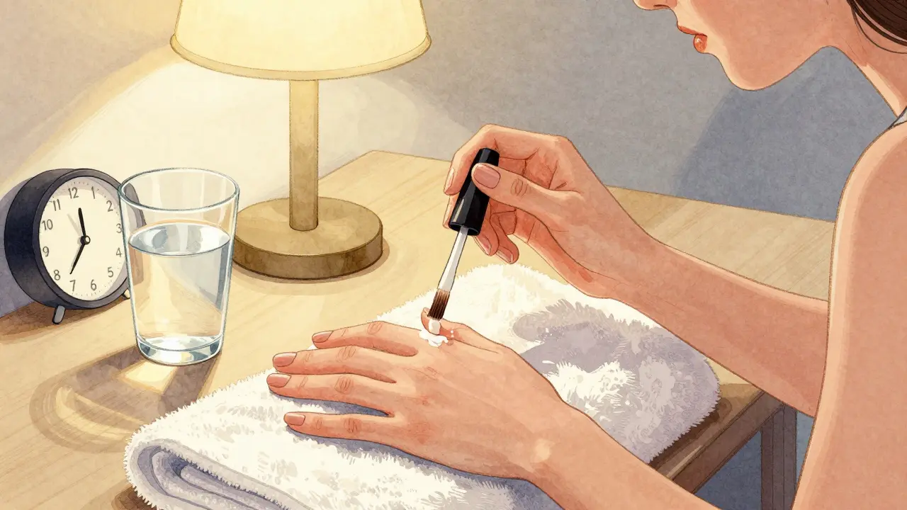 Žena si v domácím prostředí pečuje o nehty, aplikuje olej na kůži.