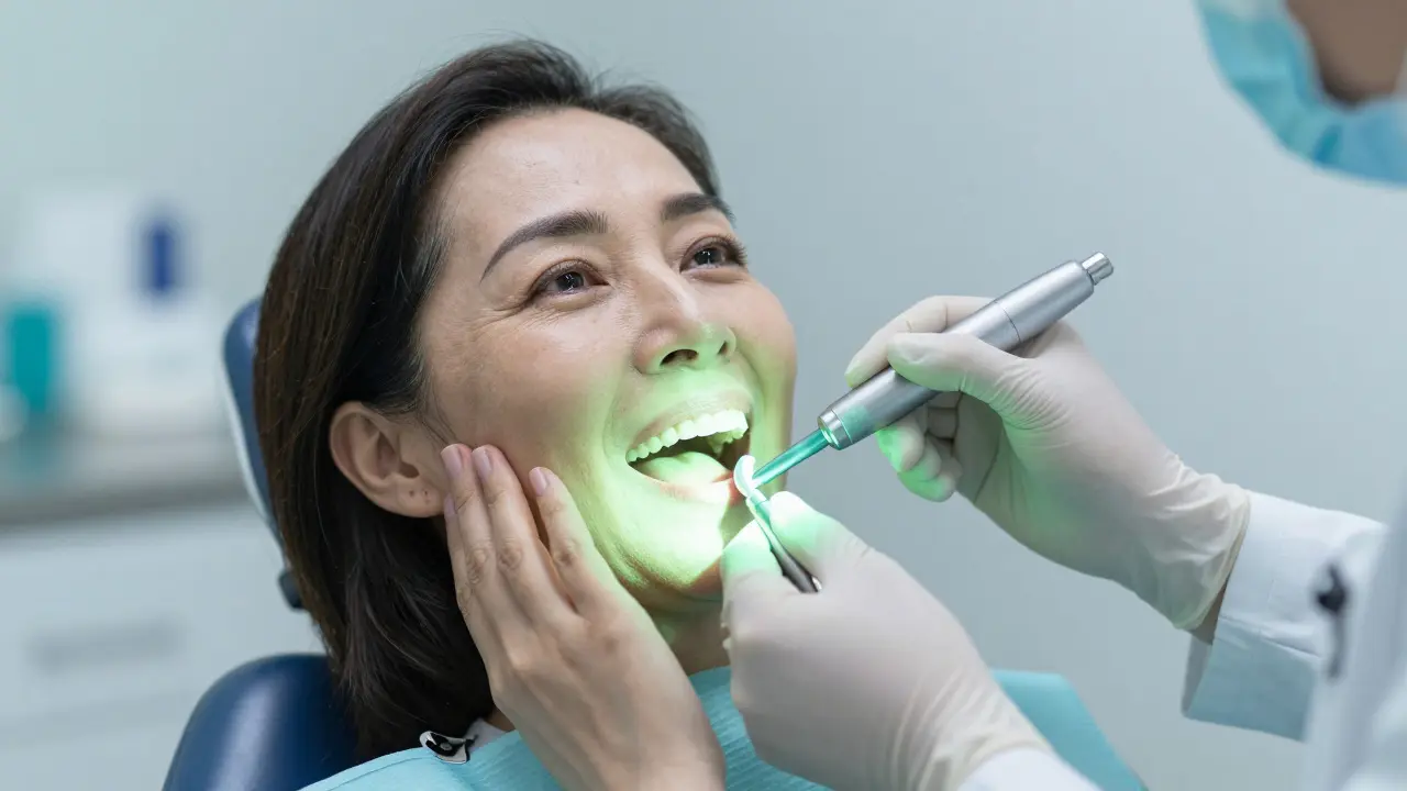 Zubní lékař prohledává ústa pacientky speciálním světlem při preventivní prohlídce