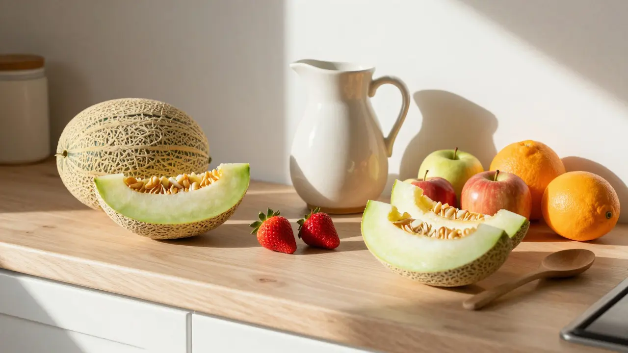 Česká kuchyňská pult s čerstvým ovocem a vodou v ranním světle.