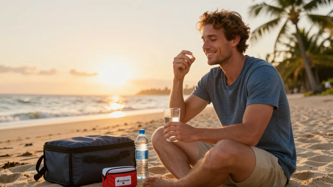 Cestovatel na pláži u soumraku užívá probiotikum s lahví vody.