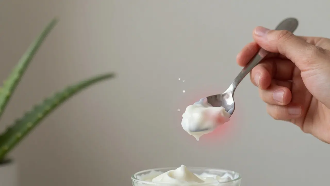 Chladný jogurt aplikovaný na červený obličej s přírodními látkami ve výzvě.