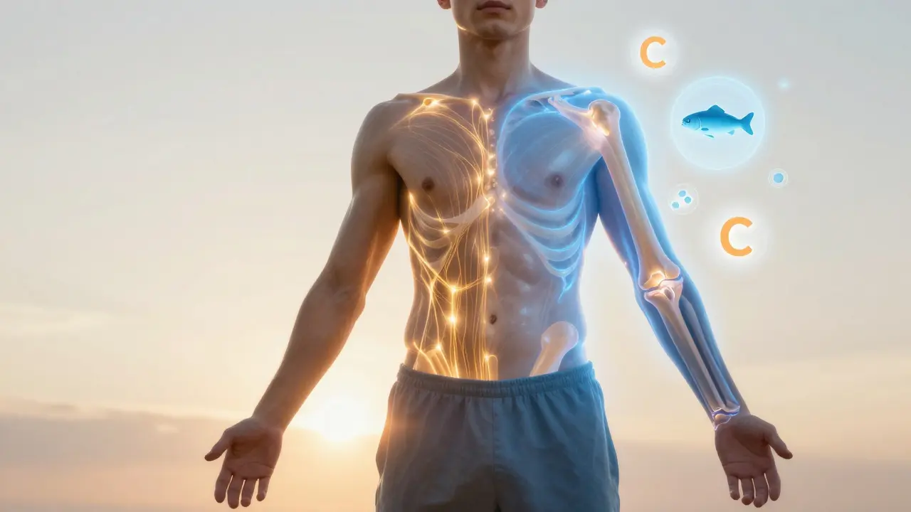 Člověk s rozděleným tělem ukazujícím vliv hydrolyzovaného kolagenu na kůži a kolagenu typu II na klouby.