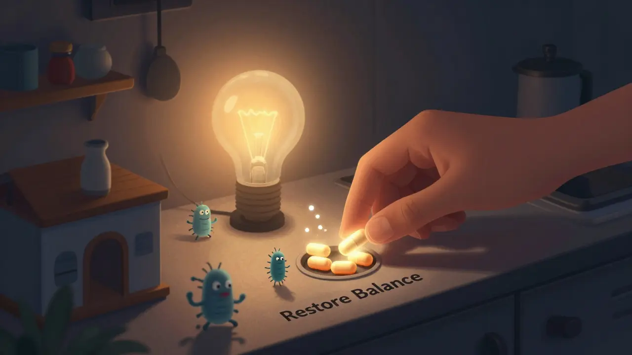 Dům s vypnutými světly, do kterého se přidávají probiotika, aby obnovila osvětlení střevní mikroflóry.