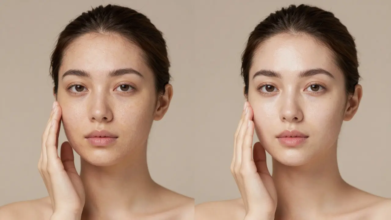 Dvě strany obličeje: jedna suchá a matná, druhá zářivá a hydratovaná po použití séra.