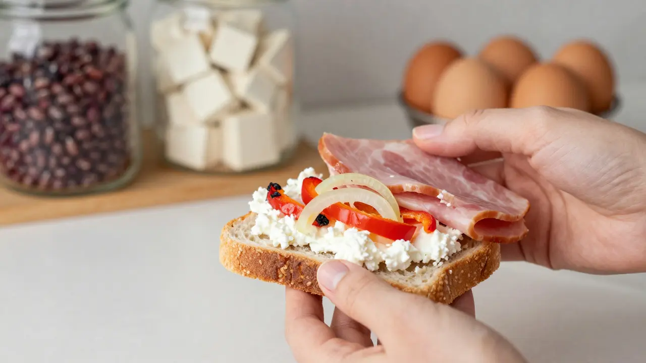 Hand replacing ham with cottage cheese and vegetables on whole-grain bread, symbolizing healthy substitution.