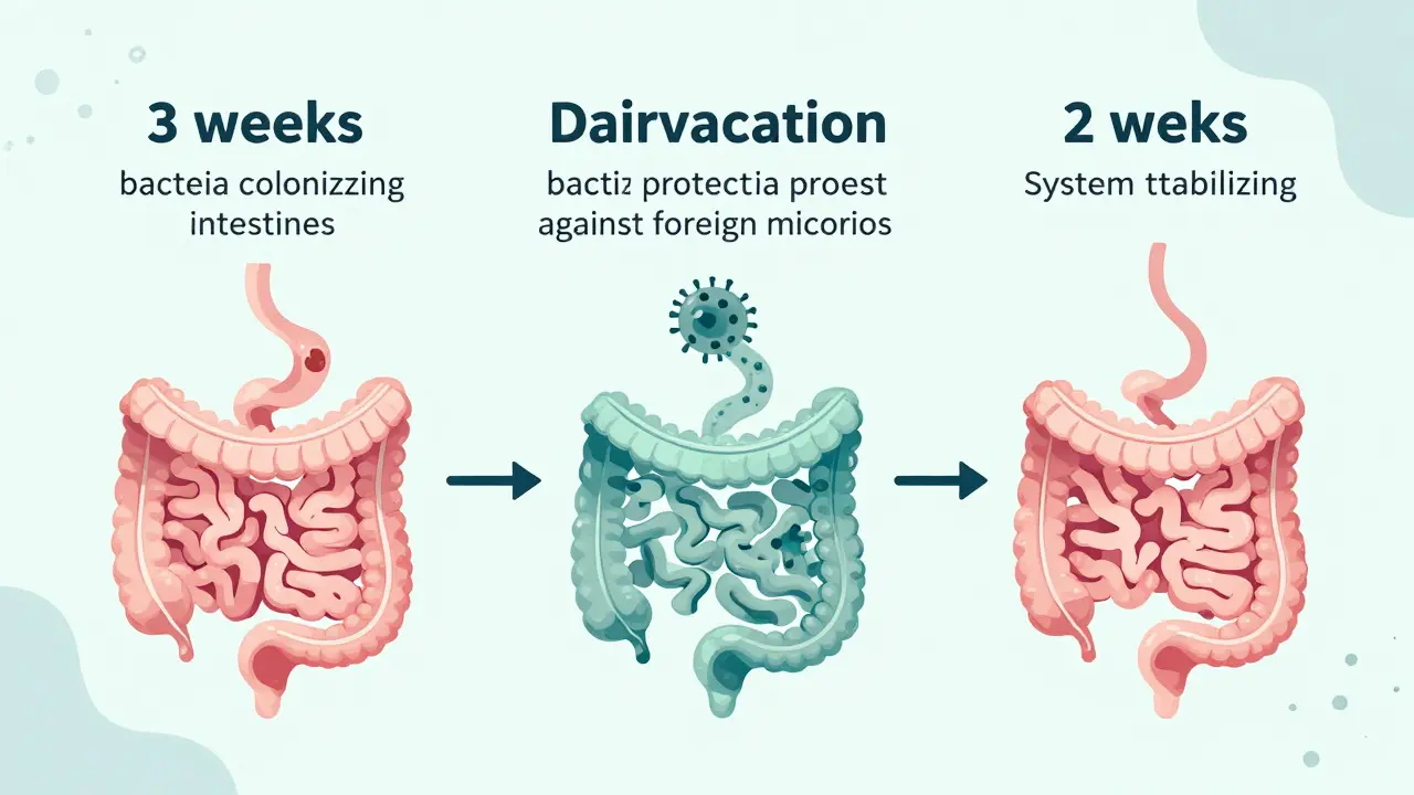 Ilustrace trávicího traktu během tří fází přípravy na cestu, během cesty a po návratu.