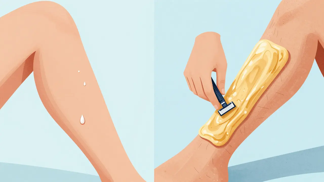 Kontrast mezi břitím a voskem: hladká kůže po břití a vytahování vlasů voskem.