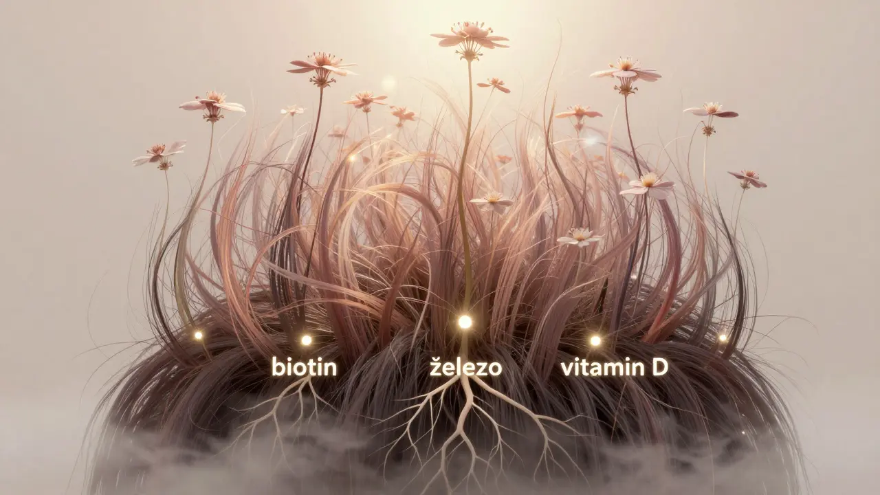 Kořeny vlasů jako květiny rostoucí z půdy, symbolizující obnovu objemu.