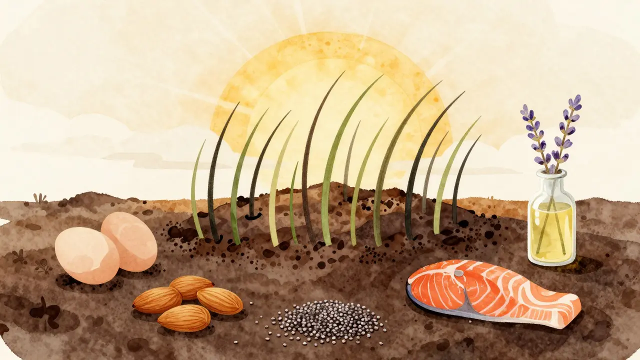 Kůže hlavy jako půda s vlasy jako rostlinami, obklopená výživnými potravinami.