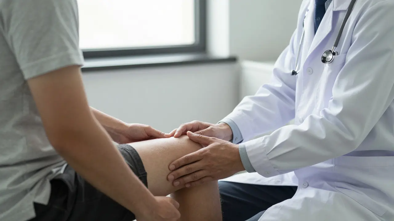 Lékař vyšetřuje koleno pacienta v ordinaci