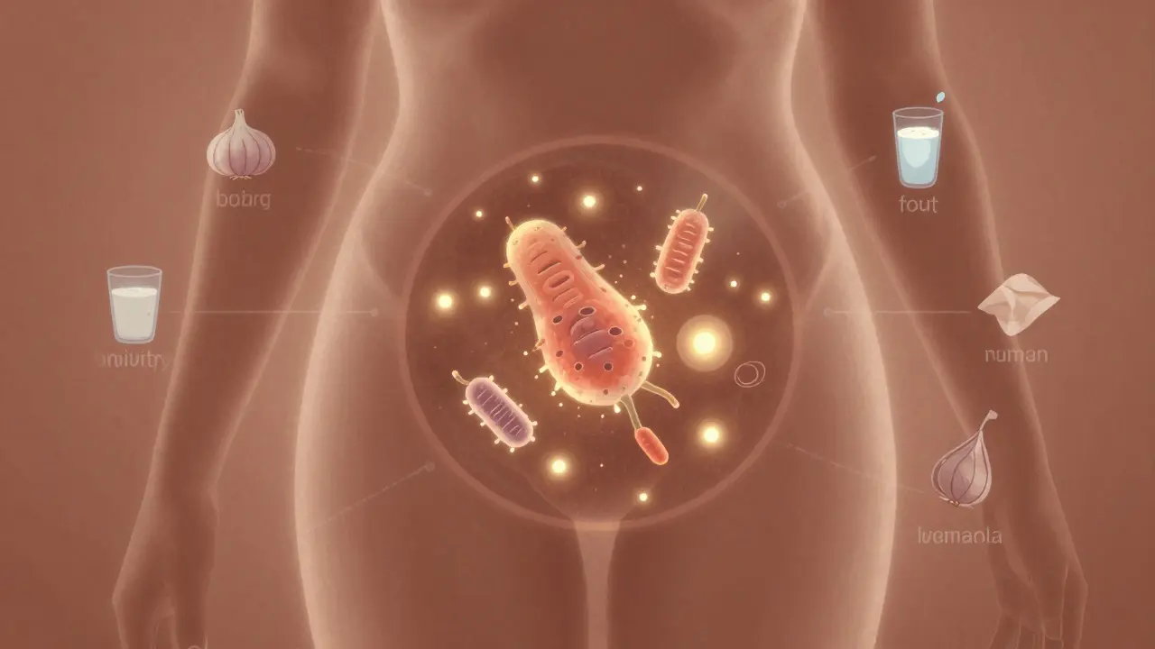 Magnifikovaný pohled na přirozenou mikroflóru intimní oblasti s vlivem stravy a prostředí.