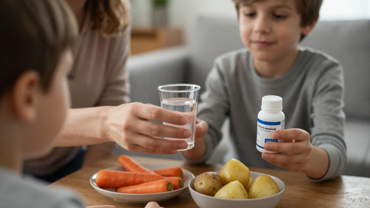 Matka podává dítěti domácí roztok pro doplňování tekutin při průjmu, vedle probiotika.