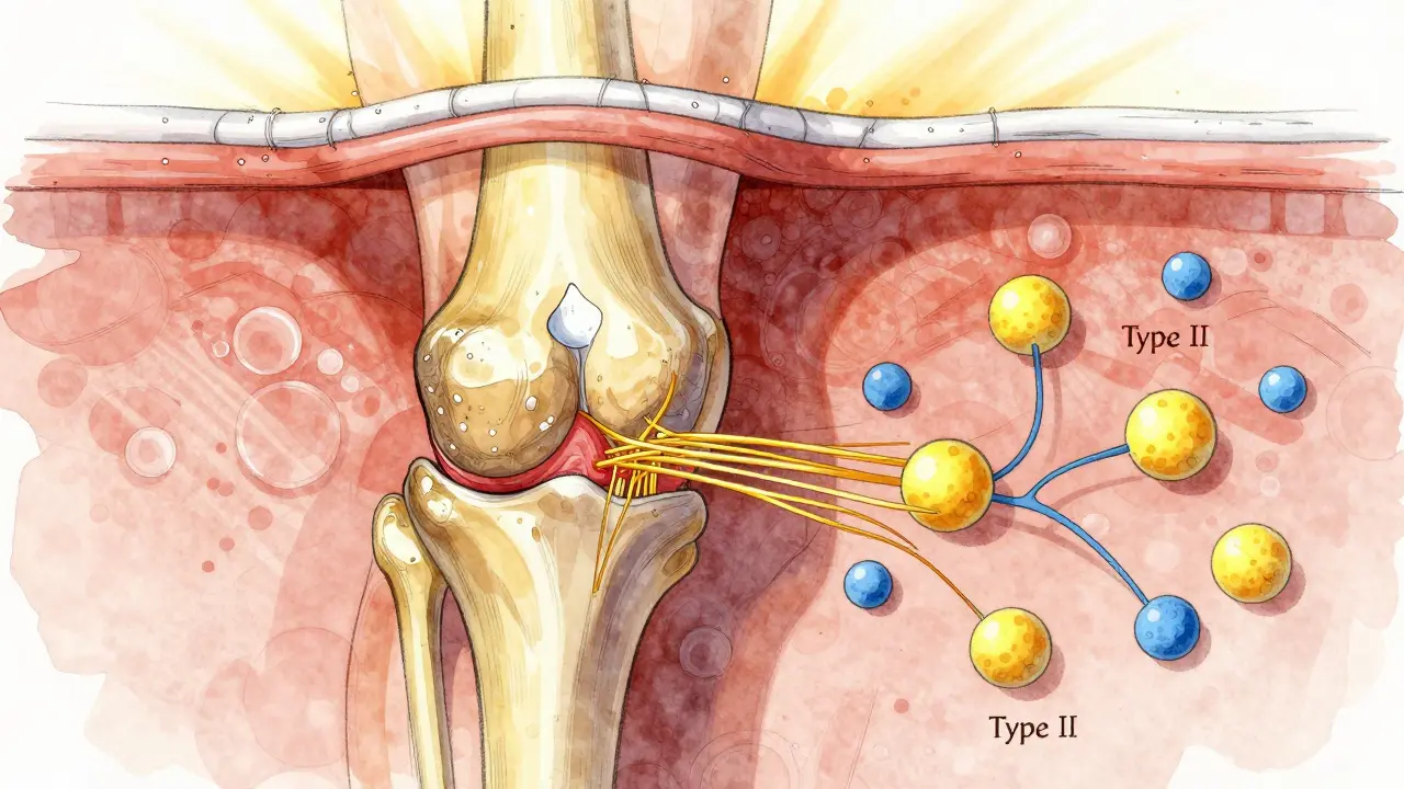 Mikroskopický pohled na kloub, kde kolagen opravuje chrupavku a uklidňuje zánět pomocí imunitních buněk.
