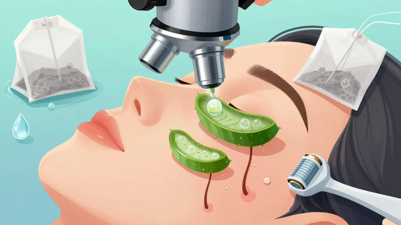 Mikroskopický pohled na podrážděnou kůži s působením aloe vera a zinku.