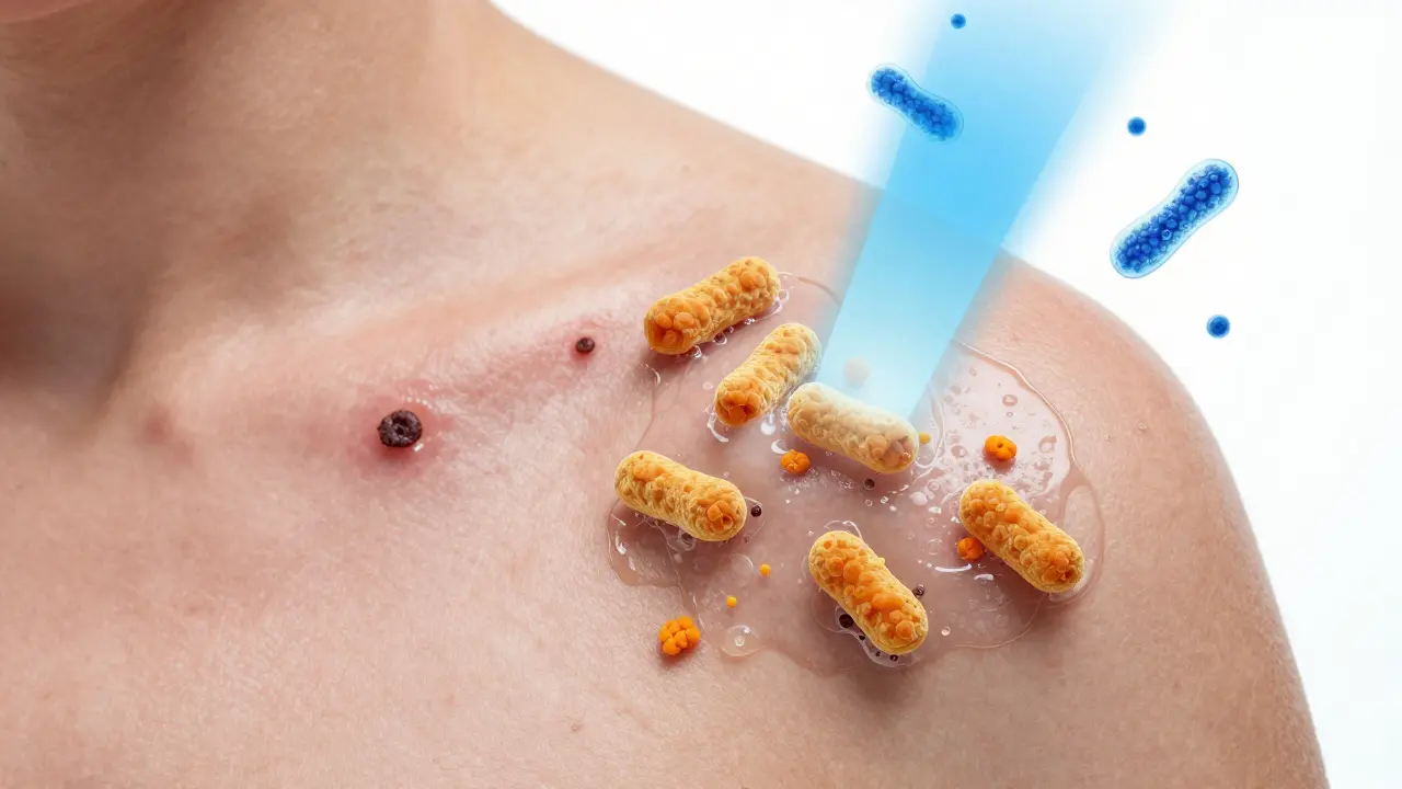 Mikroskopický pohled na zablokovaný pór s bakteriemi a probiotiky, znázorňující nerovnováhu kůžního mikrobiomu.