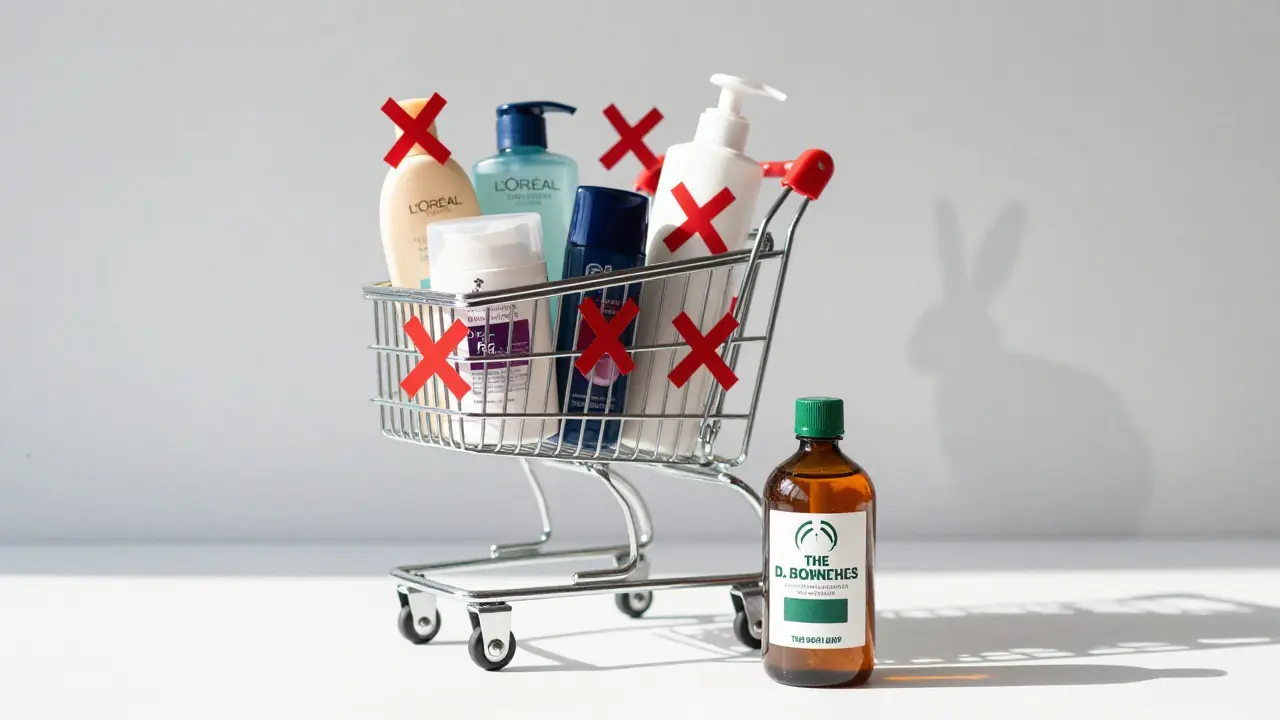 Nákupní košík s kosmetikou testovanou na zvířatech a jedna etická alternativa ve světle.