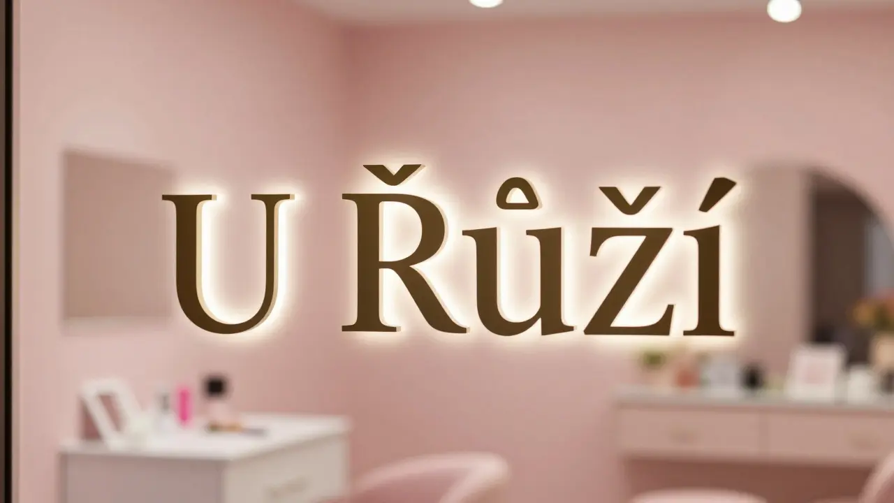 Název českého salónu 'U Řůží' s správně zapsaným znakem ů na ozdobném vývěsním štítku.