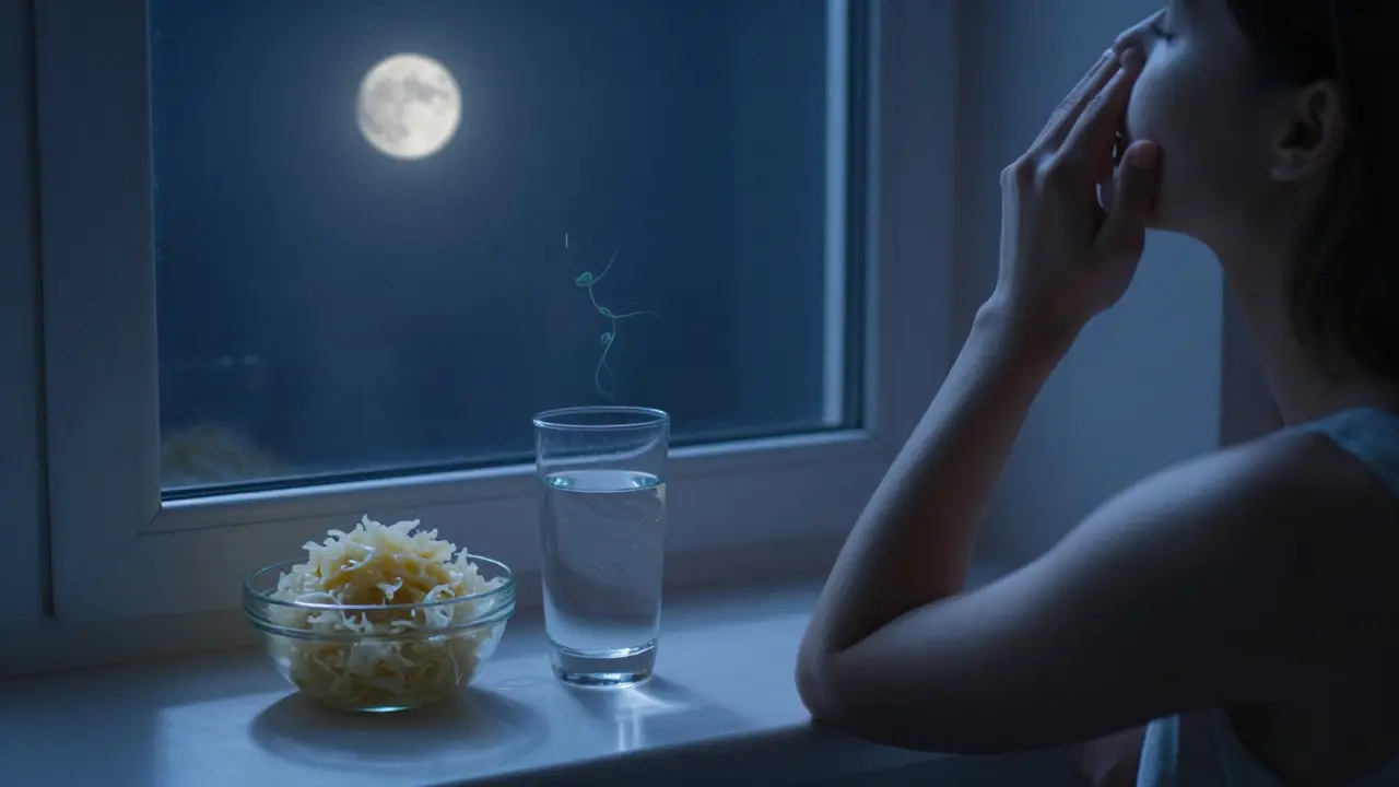 Osoba dýchá hluboce při měsíčním světle s filtrovanou vodou a kysaným zelím.