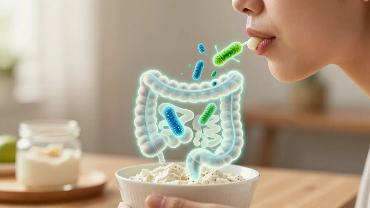 Osoba konzumuje fermentované potraviny pro obnovu střevní mikroflóry