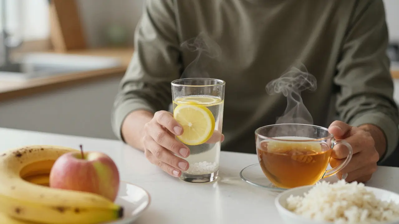 Osoba pije přírodní elektrolytový nápoj s čajem z kůry dubu a lehkou stravou.