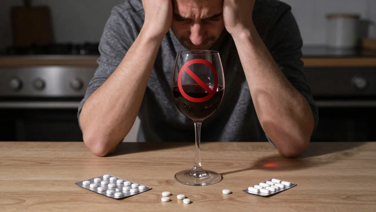 Osoba pije víno s antibiotiky, červený symbol zákazu