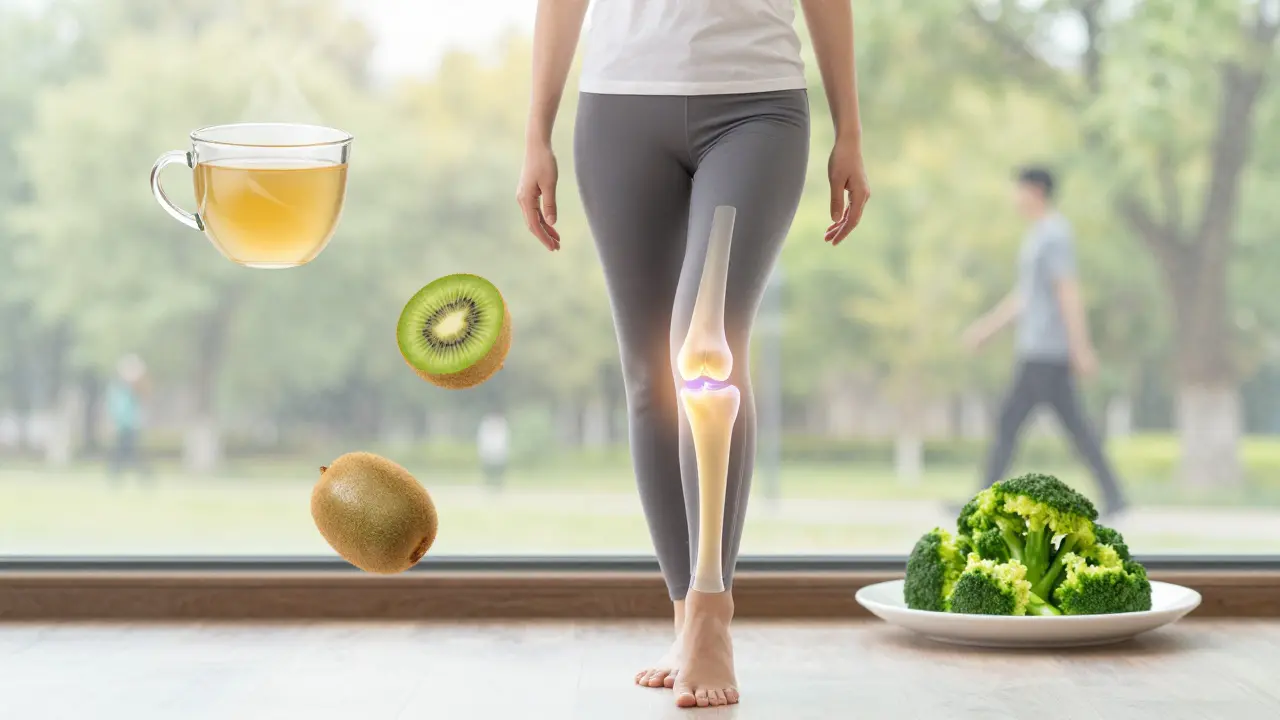 Osoba stojí na jedné noze s průhledným zobrazením obnoveného kloubu a zdravými návyky kolem.