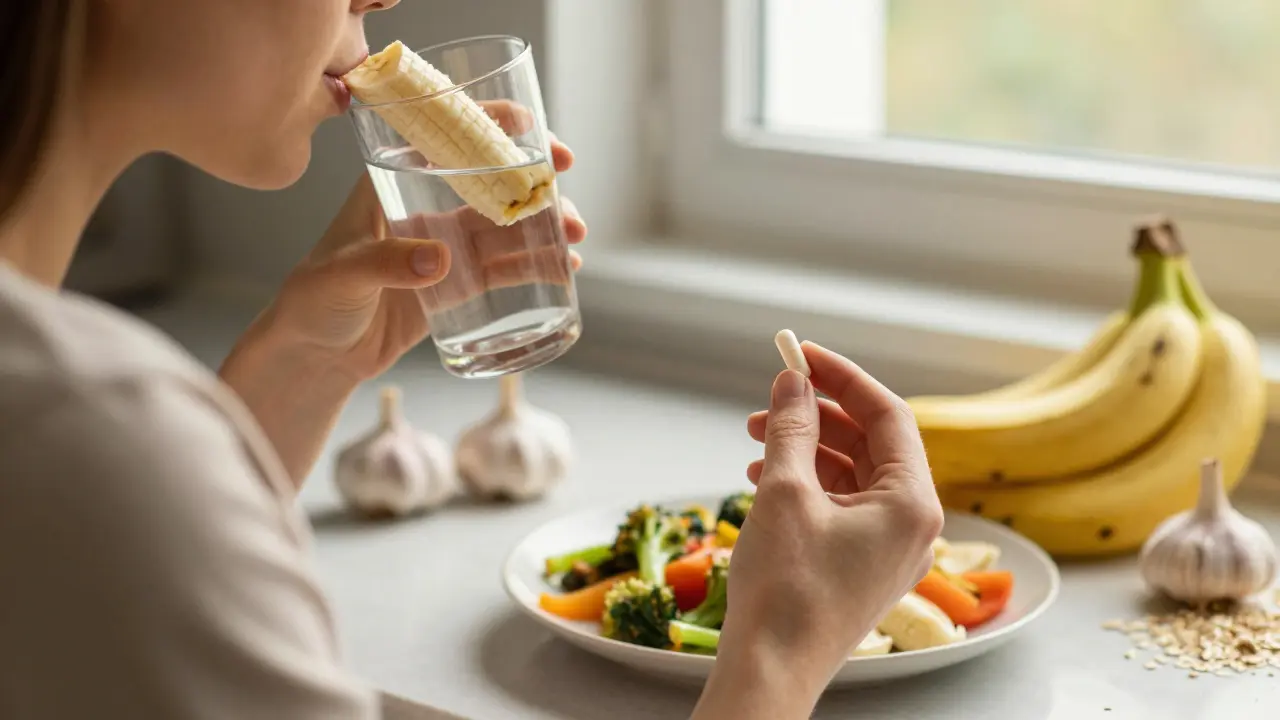 Person consuming probiotics and healthy foods to support gut health.