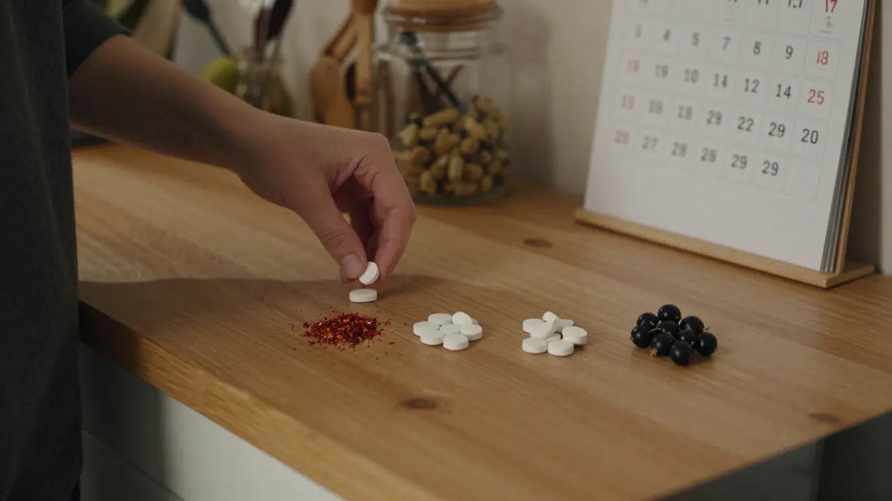 Postupné snižování dávky vitamínu C a náhrada přirozenými potravinami na kuchyňském stole.