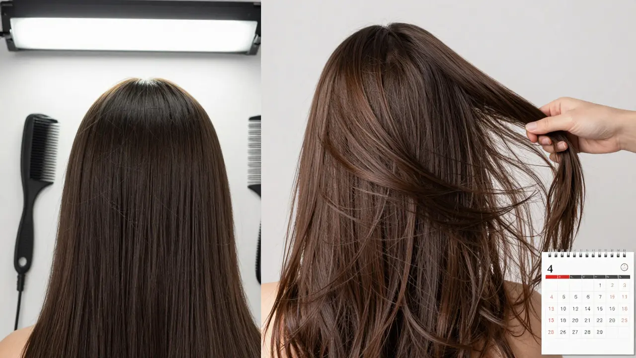 Před a po: křehké vlasy vs. objemné, lesknoucí se vlasy po čtyřech měsících péče.