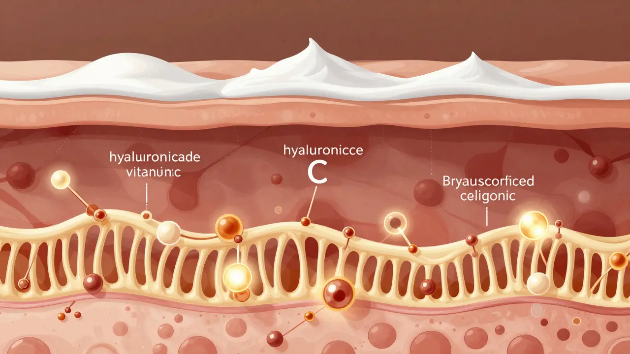 Příčný řez kůží ukazující, jak molekuly séra pronikají do dermis a podporují tvorbu kolagenu.