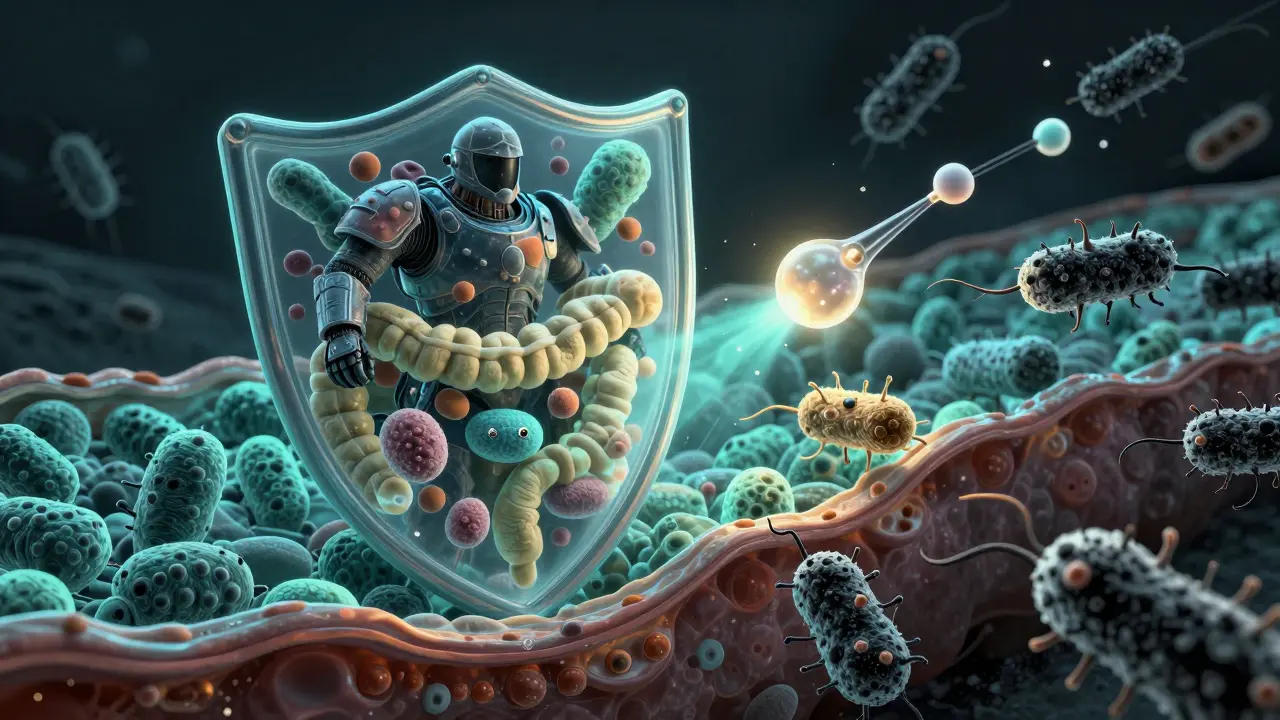 Probiotic microbes forming a protective barrier against E. coli bacteria in the gut.