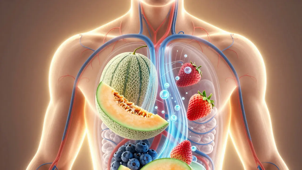 Průhledný náčrt těla s krevními cévami a chladícími ovocemi.
