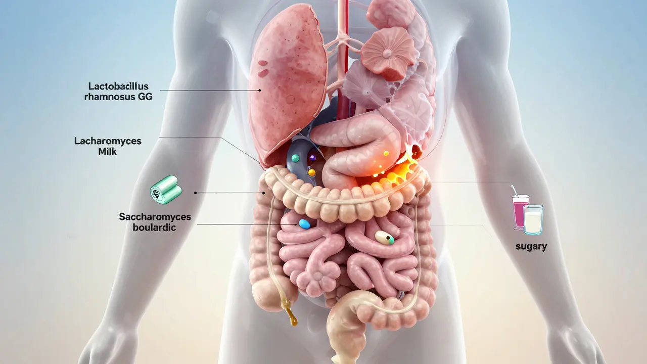 Průhledný náčrt trávicího systému s probiotiky obnovujícími rovnováhu a škodlivými látkami způsobujícími průjem.