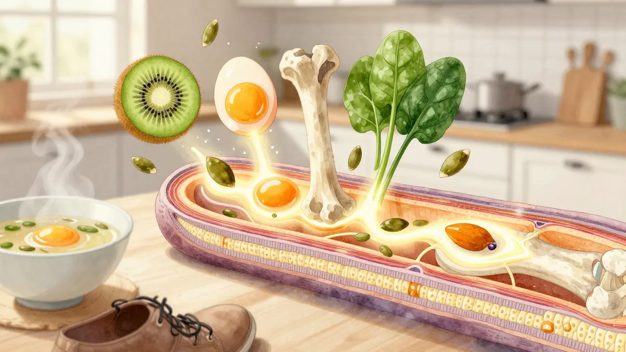 Průřez kloubu s kolagenem vytvářeným z potravin jako kiwi, vejce a špenát.