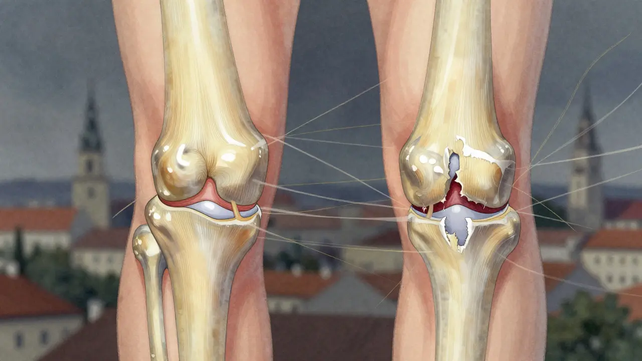 Průřez kloubu s porovnáním zdravé a opotřebované chrupavky.