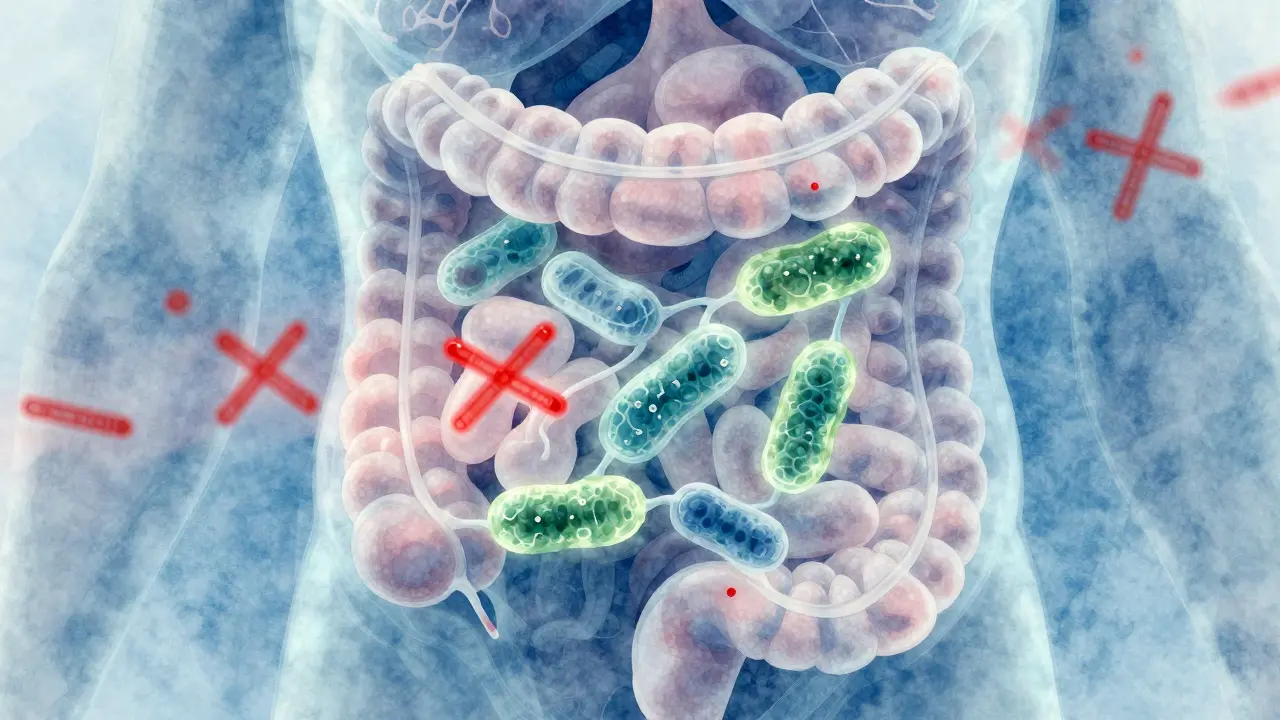 Průřez střev s užitečnými bakteriemi a průběhem antibiotické léčby.