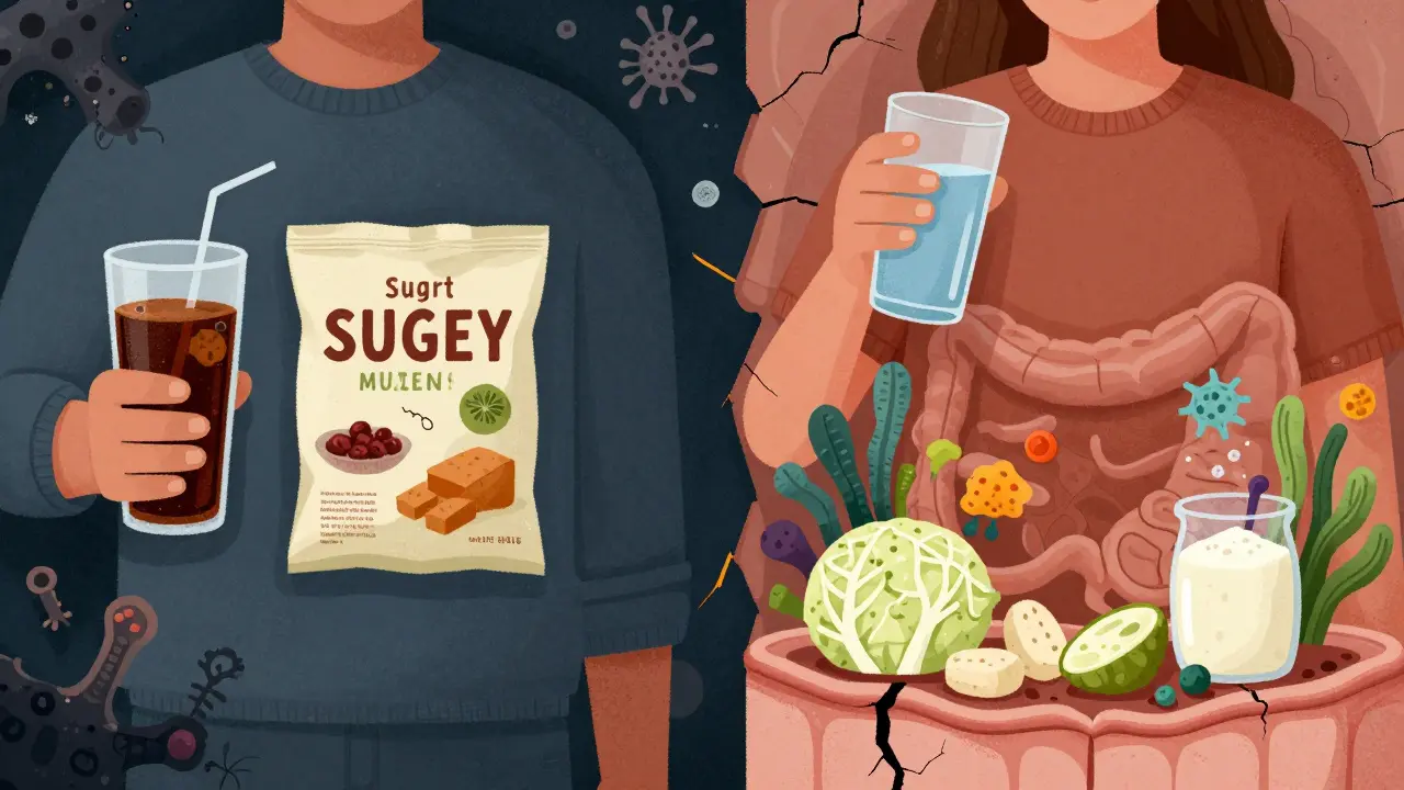 Rozdělený obraz: škodlivé potraviny na jedné straně, fermentované potraviny na druhé.