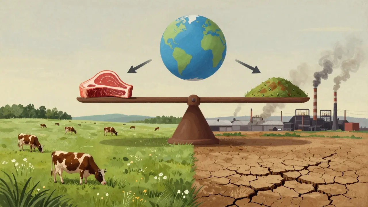 Split landscape showing sustainable farming vs. industrial farm, with scale balancing meat and Earth.