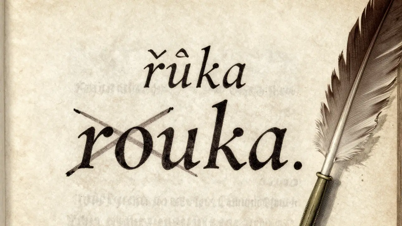 Stará česká rukopisná stránka s přechodem z 'ou' na 'ů' a perem vedle ní.