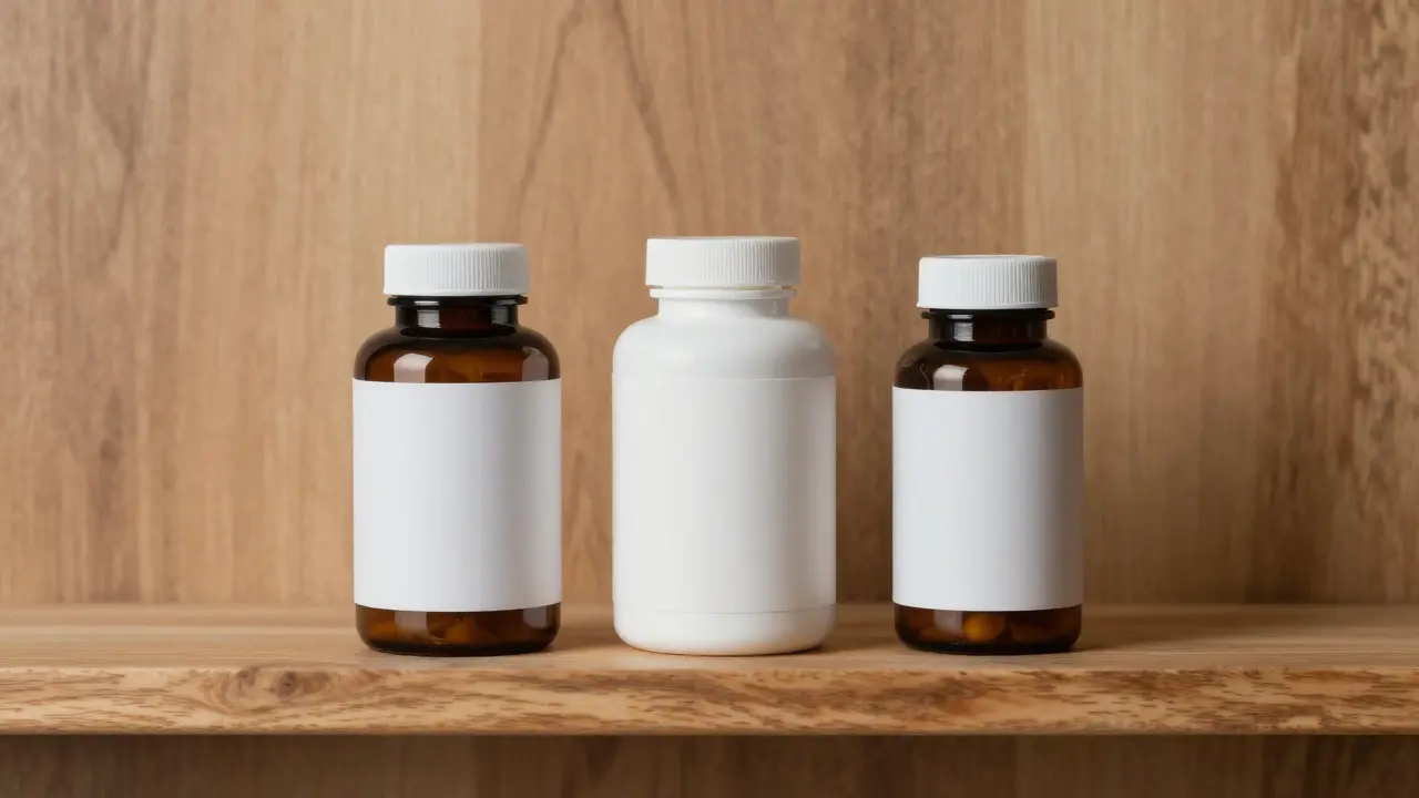 Tři lahve doplňků stravy pro klouby na dřevěné polici