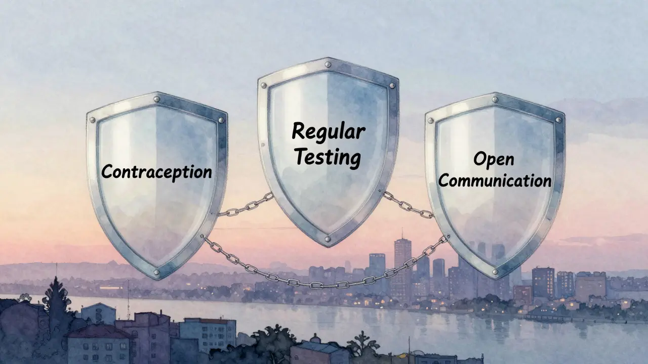 Tři symbolické štíty představující antikoncepci, testování a komunikaci jako základ bezpečného sexu.