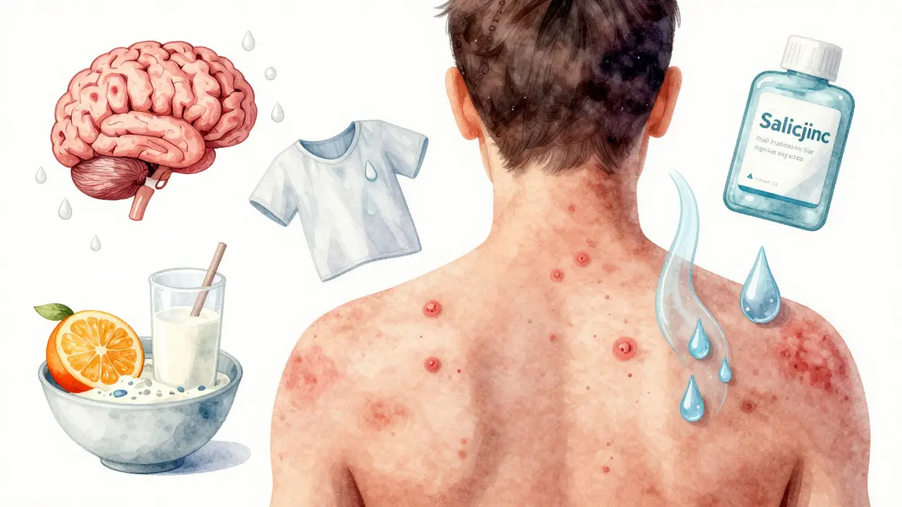 Umělecká ilustrace záda s akné, symbolické prvky znázorňující stres, špatnou stravu a léčivé látky.