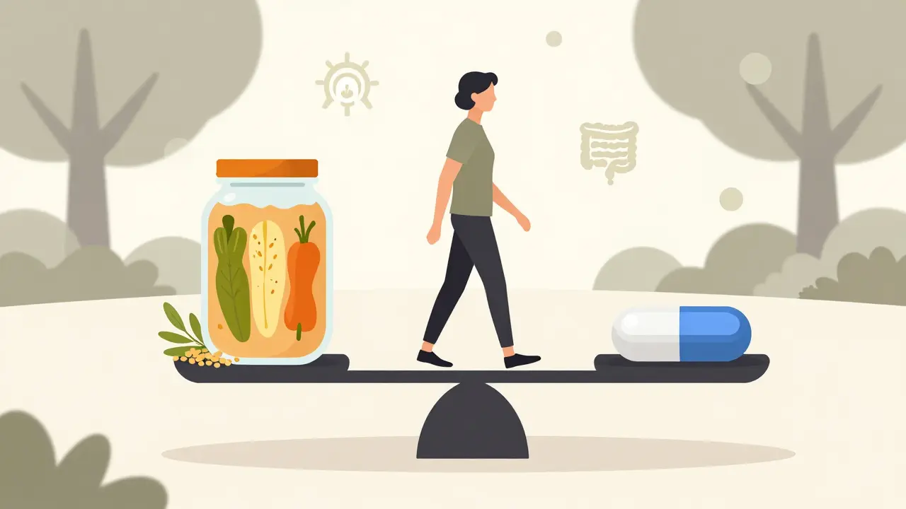 Váha mezi přírodními potravinami a probiotiky v tabletách.